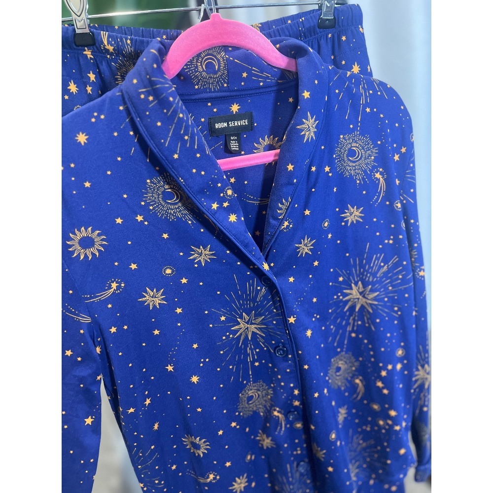 Room Service Women Blue Gold Celestial Pajama Set Moon Star Sun Print Small - Picture 3 of 9